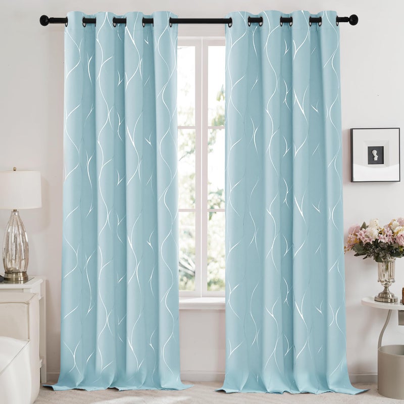 Deconovo Sky Blue Blackout Curtains 2 Panel Set for Bedroom, Thermal Insulated Grommet Room Darkening Window Drapes for Living Room, Silver Line Foil Print, 52W x 96L Inch - Image 2